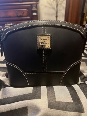 Dooney & Bourke Black Leather Crossbody with White Stitching and Gold Plaque
